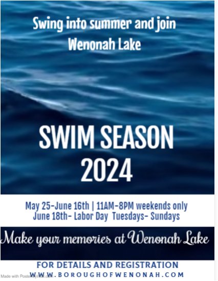 Wenonah Lake 2024 Swim Season!! Tags are available now to purchase!!